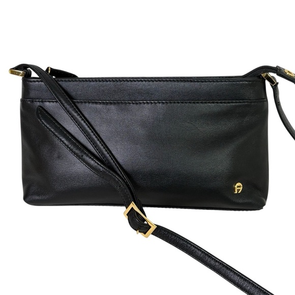 Etienne Aigner Handbags - ETIENNE AIGNER Black Smooth Leather Rectangular Classic Minimalist Crossbody